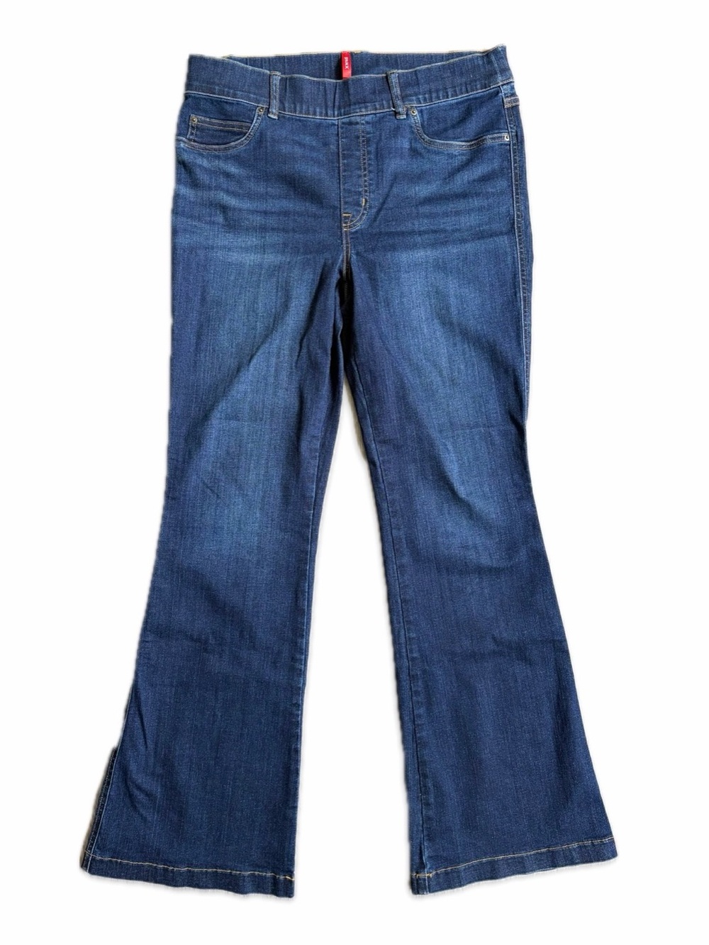 SPANX EveryWear Pull-On Flare Jeans Midnight Blue Stretch Women's Size L Petite